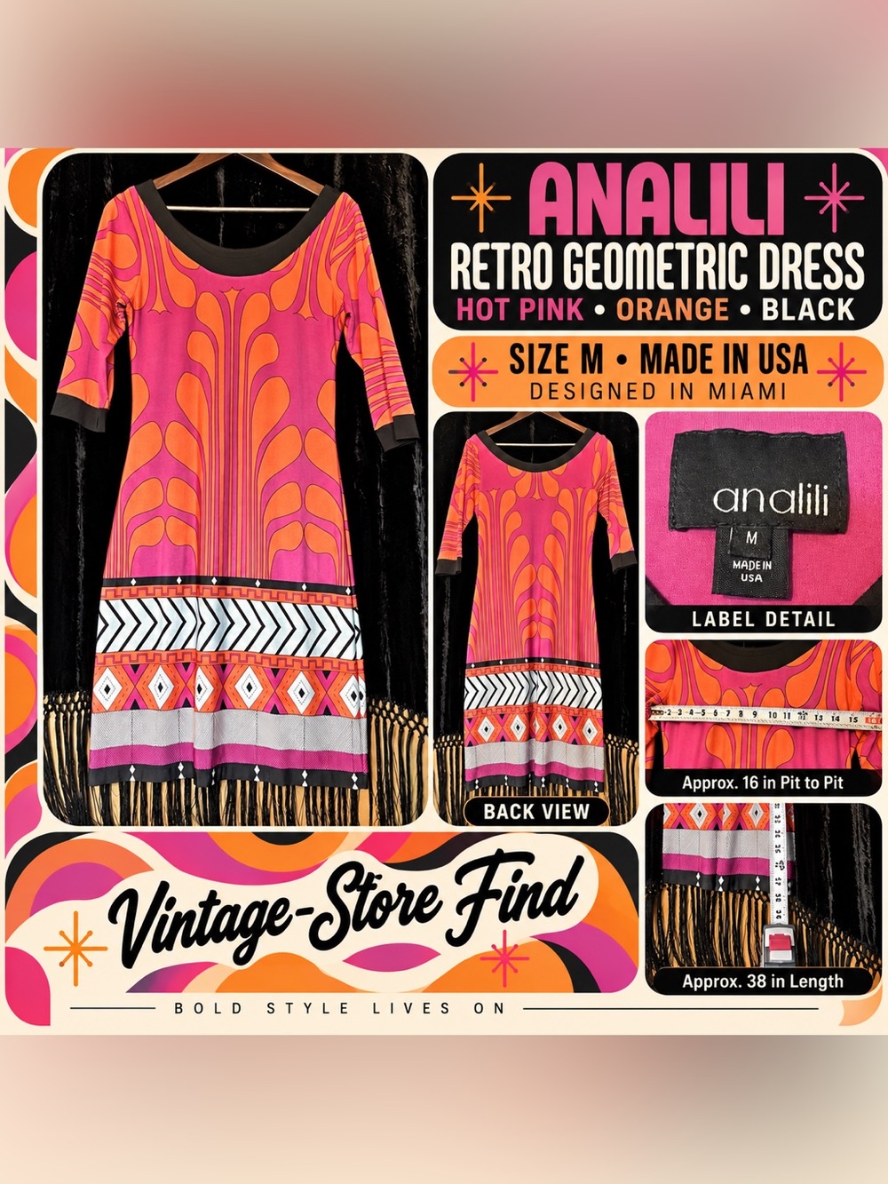 Analili Retro Geometric Long Sleeve Dress in Hot Pink, Orange & Black